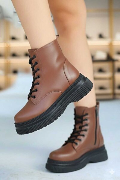 Efe Bağcıklı Yandan Fermuarlı Kaymaz Taban Kadın Postal Bot TABA Renk Topuk Y...