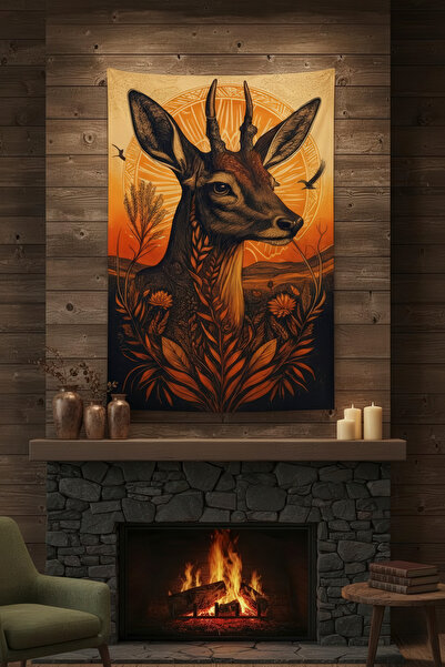 Nivendi Sevimli Karaca ve Otlar Manzarası Kumaş Duvar Örtüsü Ev Dekorasyon Du...