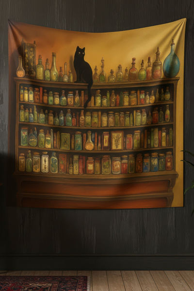 Nivendi Cadı Kedisi ve İksir Şişeleri Kumaş Duvar Örtüsü Ev Dekorasyon Duvar ...