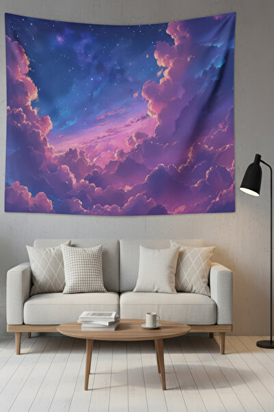 Nivendi Pembe Bulutlar ve Yıldızlı Gökyüzü Kumaş Duvar Örtüsü Ev Dekorasyon D...