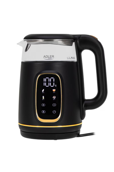 adler electric kettle 1.7L, glass, black and gold, temperature control, LED d...