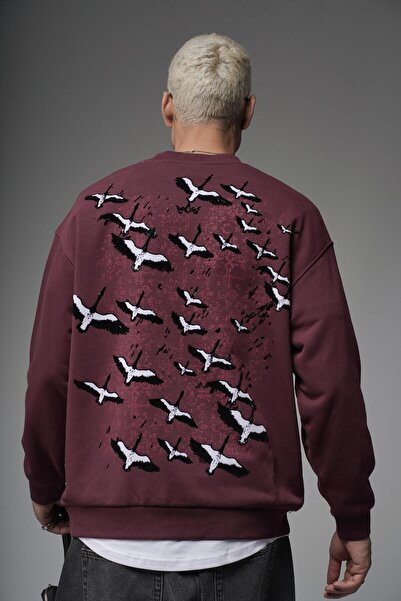 king brich Crew Neck Oversized Sweatshirt with Stork Print on the Back and Embroidery