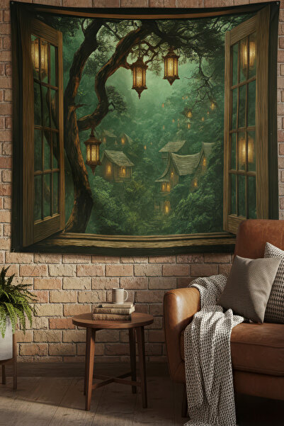 Nivendi Pencereden Büyülü Orman Manzarası Kumaş Duvar Örtüsü Ev Dekorasyon Du...