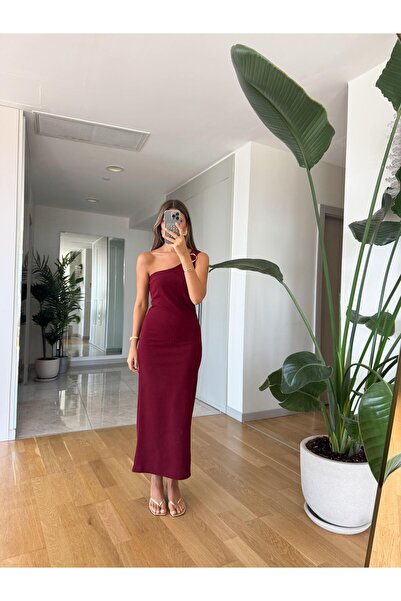 MERVE AKSOY Omzu Gold Tokalı Elbise - Bordo