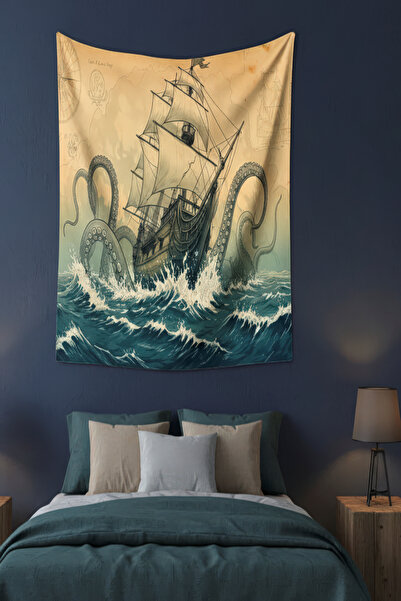 Kraken and Sailboat Ocean Fabric Wall Cover Home Decoration Tapestry