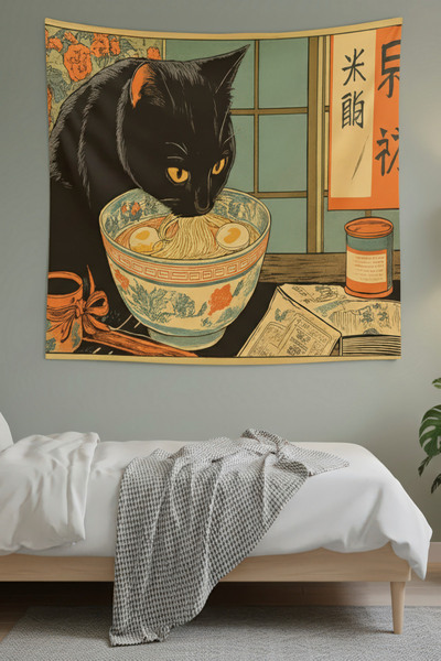 Nivendi Ramen Yiyen Siyah Kedi Çizimi Kumaş Duvar Örtüsü Ev Dekorasyon Duvar ...
