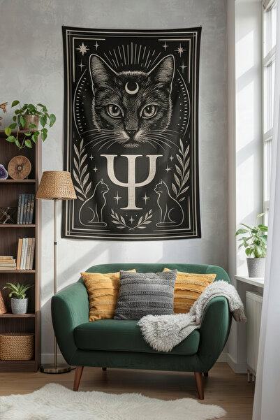 Nivendi Gotik Kedi ve Psi Harfi Kumaş Duvar Örtüsü Ev Dekorasyon Duvar Halısı...