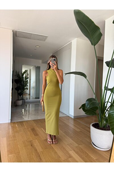 MERVE AKSOY Fk Çarpraz Yaka Midi Elbise - Yağ Yeşili