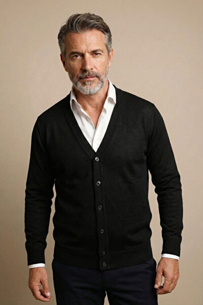 nacar çarşı Men's Dad Black Buttoned Pocket Basic Knit Cardigan