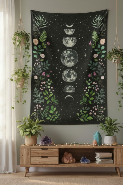 Nivendi Ay Evreleri ve Botanik Çiçekler Kumaş Duvar Örtüsü Ev Dekorasyon Duva...