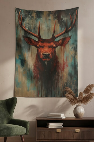 Nivendi Kızıl Geyik Portresi Modern Kumaş Duvar Örtüsü Ev Dekorasyon Duvar Ha...