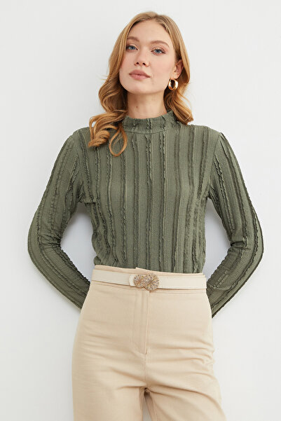 Fulla Moda Krep Kumaş Dik Yaka Bluz