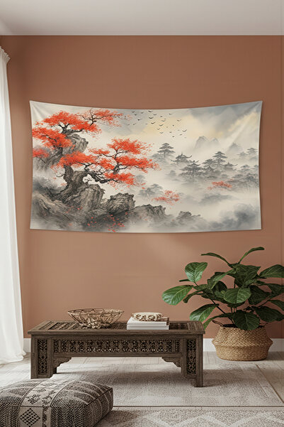 Nivendi Sisli Dağ Manzarası ve Kırmızı Ağaçlar Kumaş Duvar Örtüsü Ev Dekorasy...