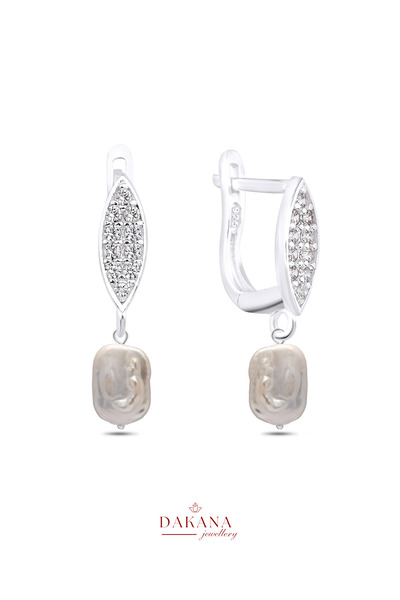 DAKANA JEWELLERY Sertifikalı Barok Dikdörtgen Stil Gümüş İnci Küpe