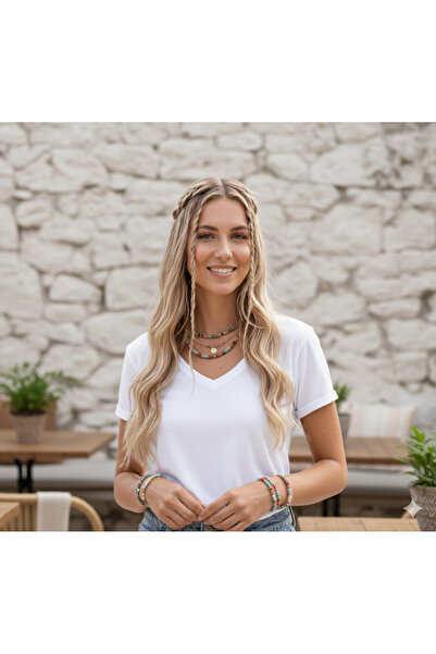 FAVORİST V-Neck Plain Unprinted Soft Fabric Women's T-Shirt