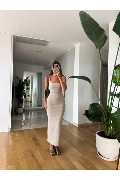 MERVE AKSOY Kare Yaka Askılı Basic Penye Elbise - Vizon