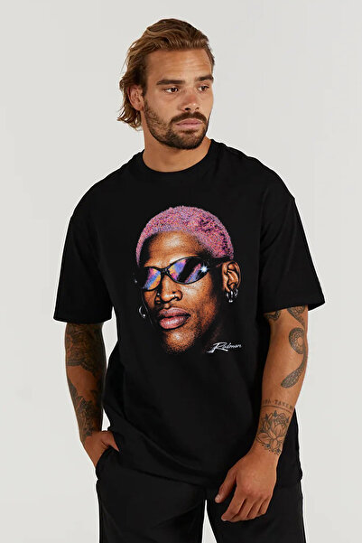 kun inaki Dennis Rodman Baskılı Baskılı Siyah Unisex T-Shirt