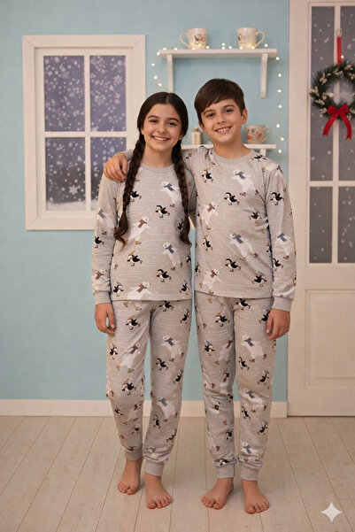 YUMİYUMM 3-13 Years Unisex 100% Cotton Penguin Patterned Long Sleeve Pajama Set