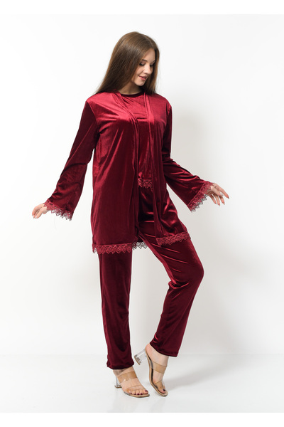 Nuseel Women's Velvet 3-Piece Nightgown Set Burgundy