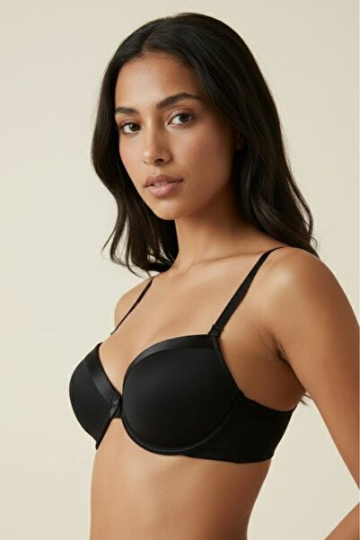 enmodaiçgiyim Black Women's Satin Detailed Padded Underwire Bra - Everyday Br...