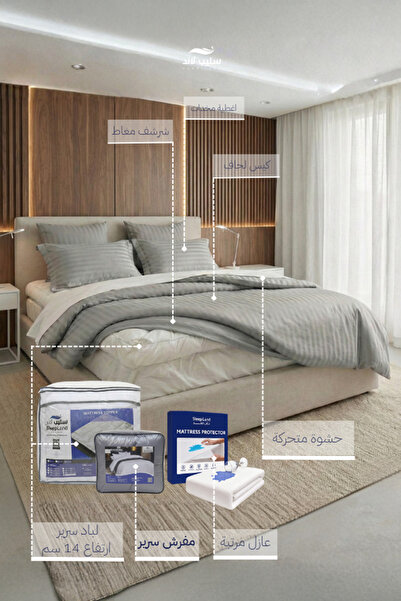 SLEEPLAND بكج الراحة الفندقية | لباد فندقي 200×180 مع واقي مرتبة ومفرش رمادي