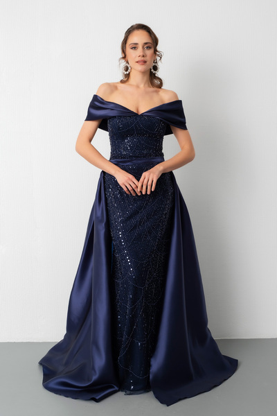 Lafaba Kadın Lacivert Kayık Yaka Kuyruklu Uzun Abiye Elbise