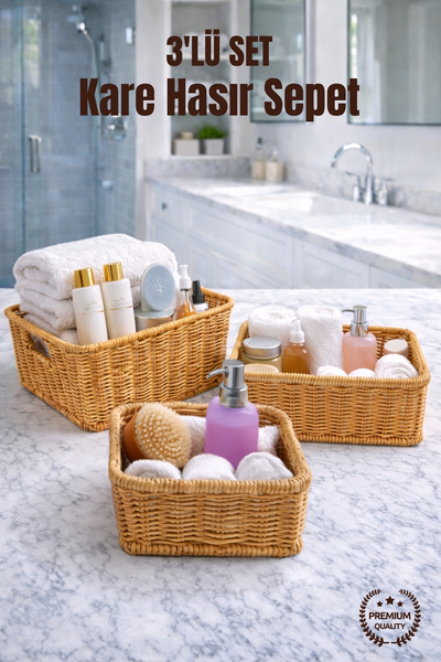 Nandy Home 3'lü Kare Kulplu Hasır Sepet Seti - Çok Amaçlı Dekoratif Düzenleyici
