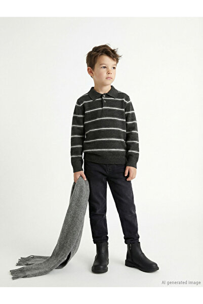 LC Waikiki Anthracite polo collar striped boy's knitted sweater