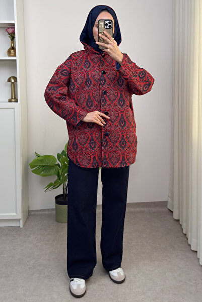 Salih Çelebi Căciulă cu glugă cu model autentic 0046 - ROȘU CLAR