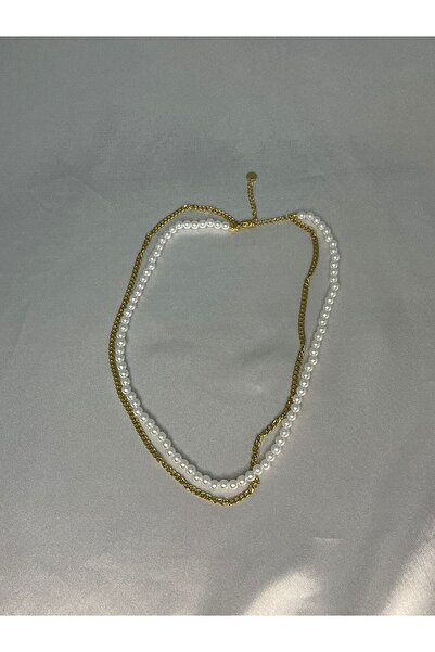 stainles steel Stylish Gold Women's Necklace with Two Rows of Pearls