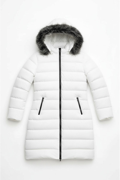 Talsmoda Women's White Long, Hooded Lightweight Puffer Coat – Fur, Zipper, Winter