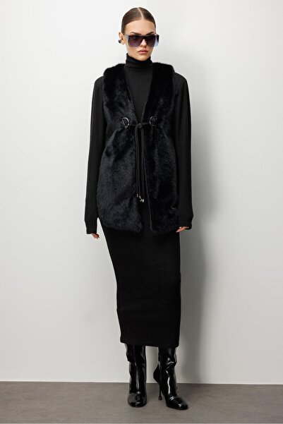 Moda İlgi Modailgi Düz Uzun Peluş Yelek Siyah