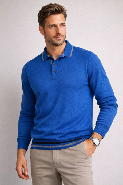 Desen Triko Wool Blend Polo Neck Men's Sweater
