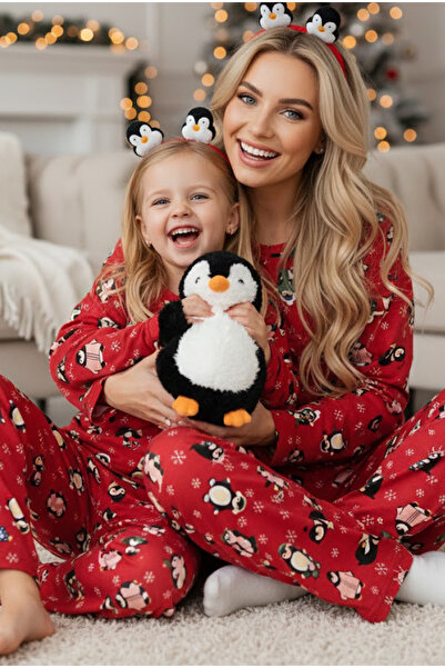 Siyah İnci Red 100% Cotton Penguin Patterned Christmas Themed Knitted Pajama Set