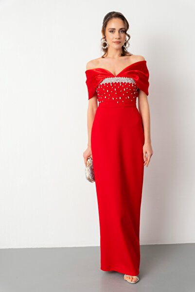 Lafaba Women's Red Boat Neck Long Evening Dress with Stones on the Bust