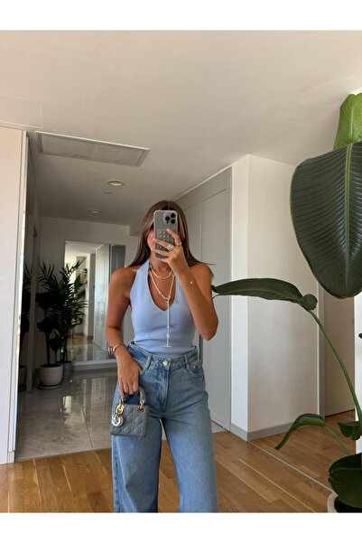 MERVE AKSOY Halter Yaka Triko Bluz - Mavi