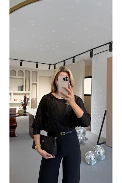 Sezgi Tekin Yarasa Kol Simli Siyah Tül Bluz