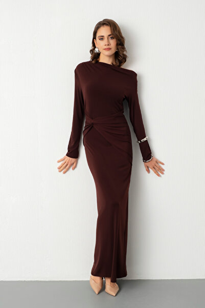 Lafaba Kadın Kahverengi Düğüm Detay Uzun Örme Elbise