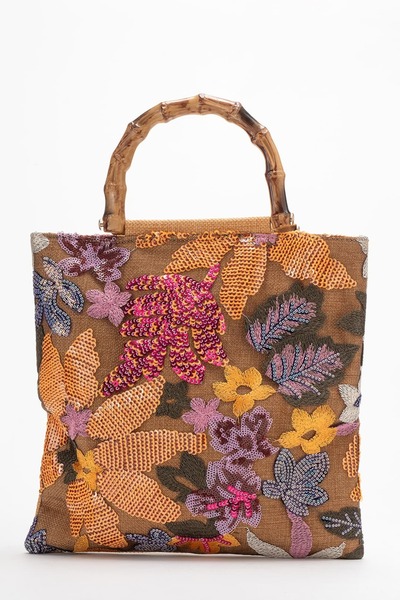 Lizy Shoes Geantă de damă cu mâner din bambus și paiete brodate