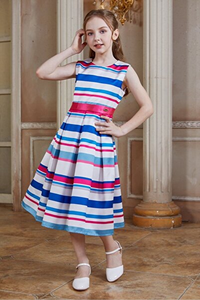 Alesaei-mondo tondo فستان بناتي كاجول مقلم 7255