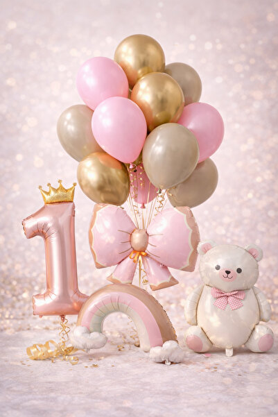 eğlencemarketi Pudra Princess 1 Yaş Balon Seti | Taçlı 1 Rakam – Fiyonk – Gök...