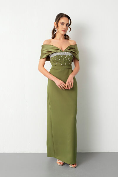 Lafaba Kadın Haki Kayık Yaka Göğsü Taşlı Uzun Abiye Elbise