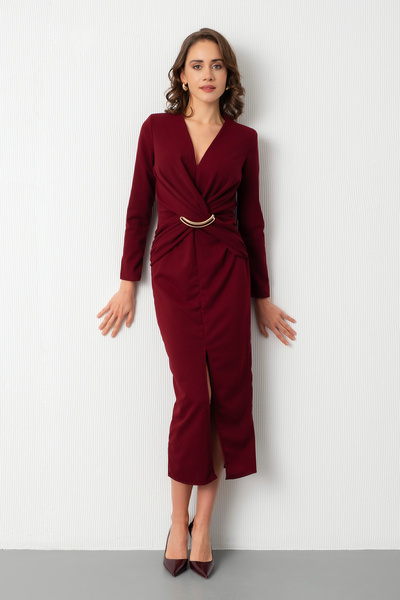 Lafaba Kadın Bordo V Yaka Aksesuar Detay Yırtmaçlı Midi Davet Elbisesi