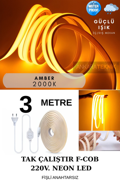 220V Cob Neon LED Amber 2000K, Yüksek Lümen, İç ve Dış Mekan, 3 Metre