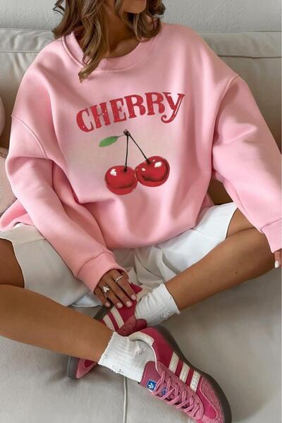 CAST COLLECTİON Hanorac de damă roz cu imprimeu cireșe și decolteu tip crewneck