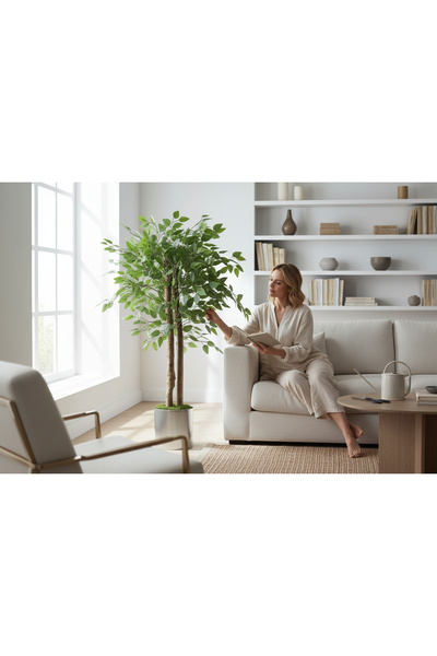 ERHAN FLOWERS YAPAY SALON ÇİÇEGİ YAPAY AĞAÇ 130 CM 2 GÖVDELİ METAL GÜMÜŞ SAKSI