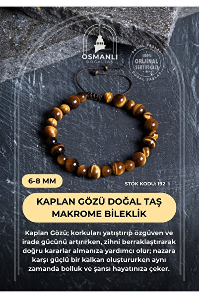 OSMANLI DOĞAL TAŞ Certified Tiger's Eye Natural Stone Macrame Bracelet / 6-8 mm (Sk:192)