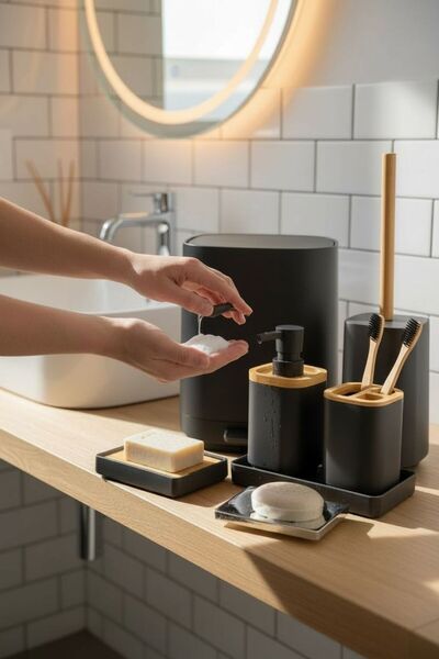 Onedekor 6 Parça Anna Akrilik Bambu Banyo Seti Siyah