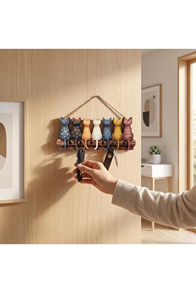 CajuArt حامل مفاتيح خشبي مزخرف على شكل قطط ملونة مُرتّب لتزيين الجدران