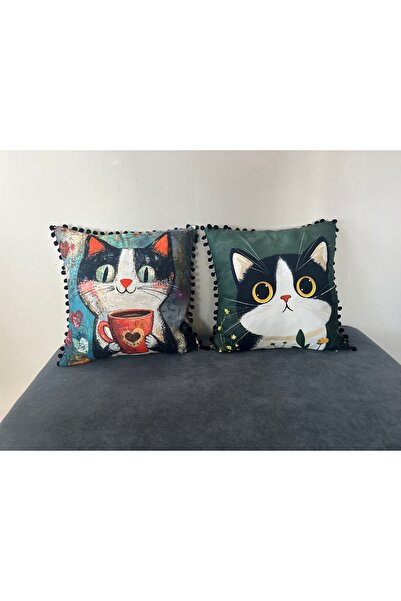 KEDİ My Beautiful Cat Pompon Edge Throw Pillow Cover Set of 2